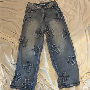 Trendy Distressed Blue Wide Leg Jeans